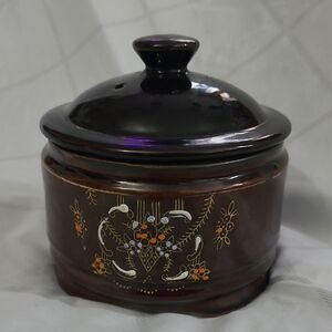 Vintage Handpainted Moriage Japan Pottery Brown Redware Bean Pot Jar Dish w/ Lid